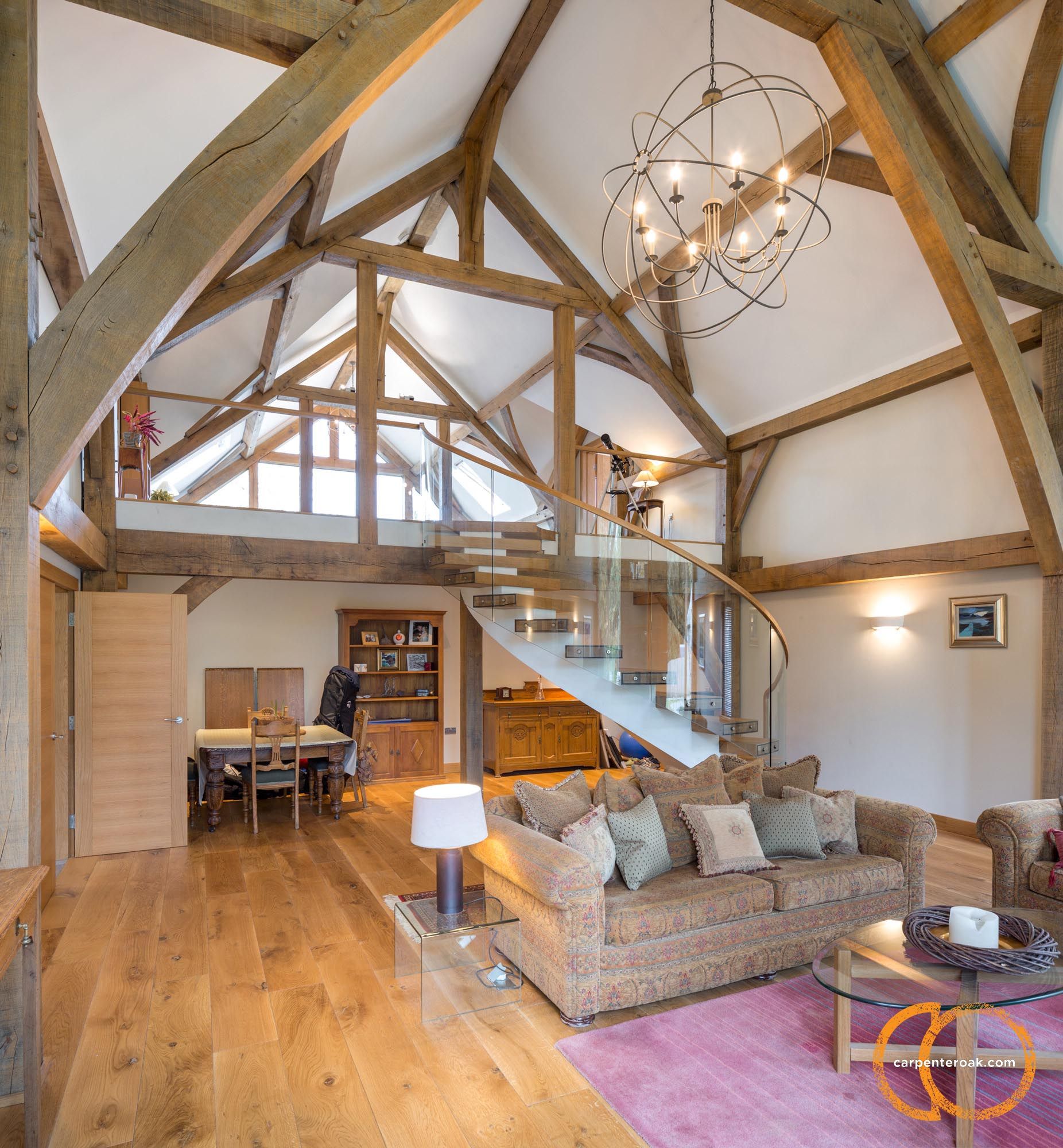 Open plan timber frame living room and mezzanine Timber Frame Living ...