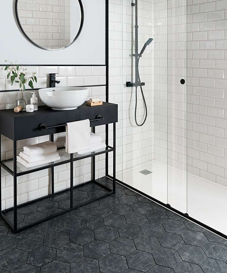 Bistro™ Black Hexagon Tile Black bathroom floor tiles, Black tile