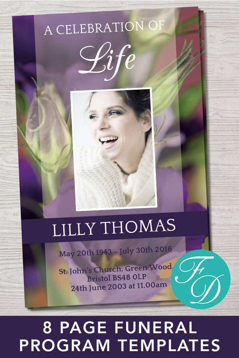 8 page Funeral Program Template with beautiful purple flowers. Ready to ...