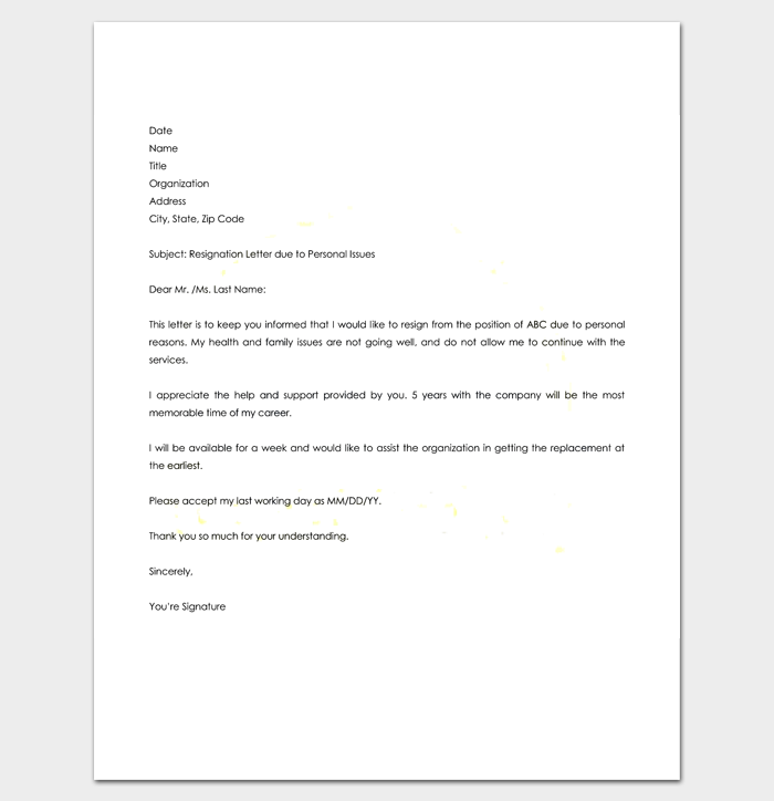 Draft Letter Of Resignation Template