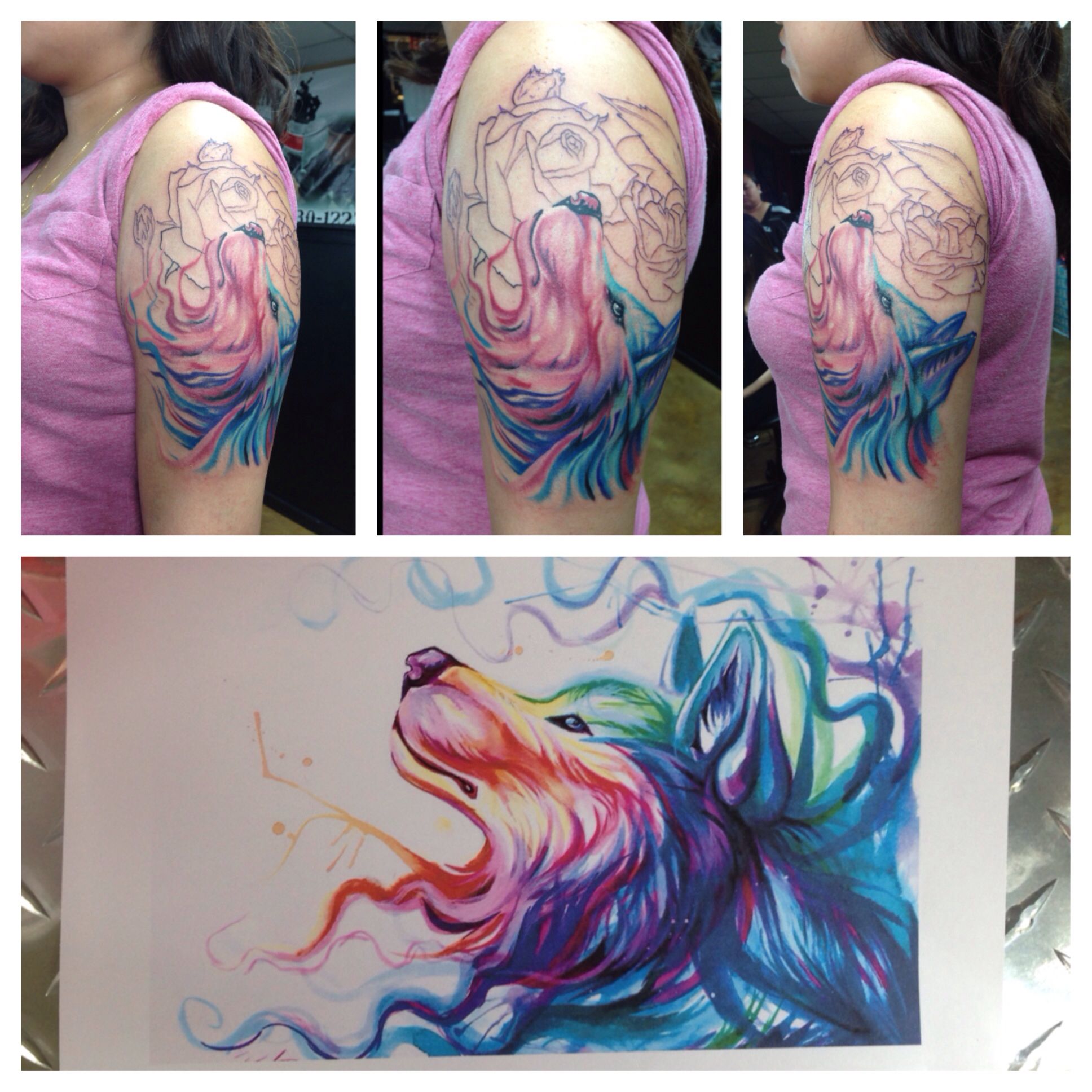 wolf tattoo, first session. roses will be shaded in 2 weeks! # ...