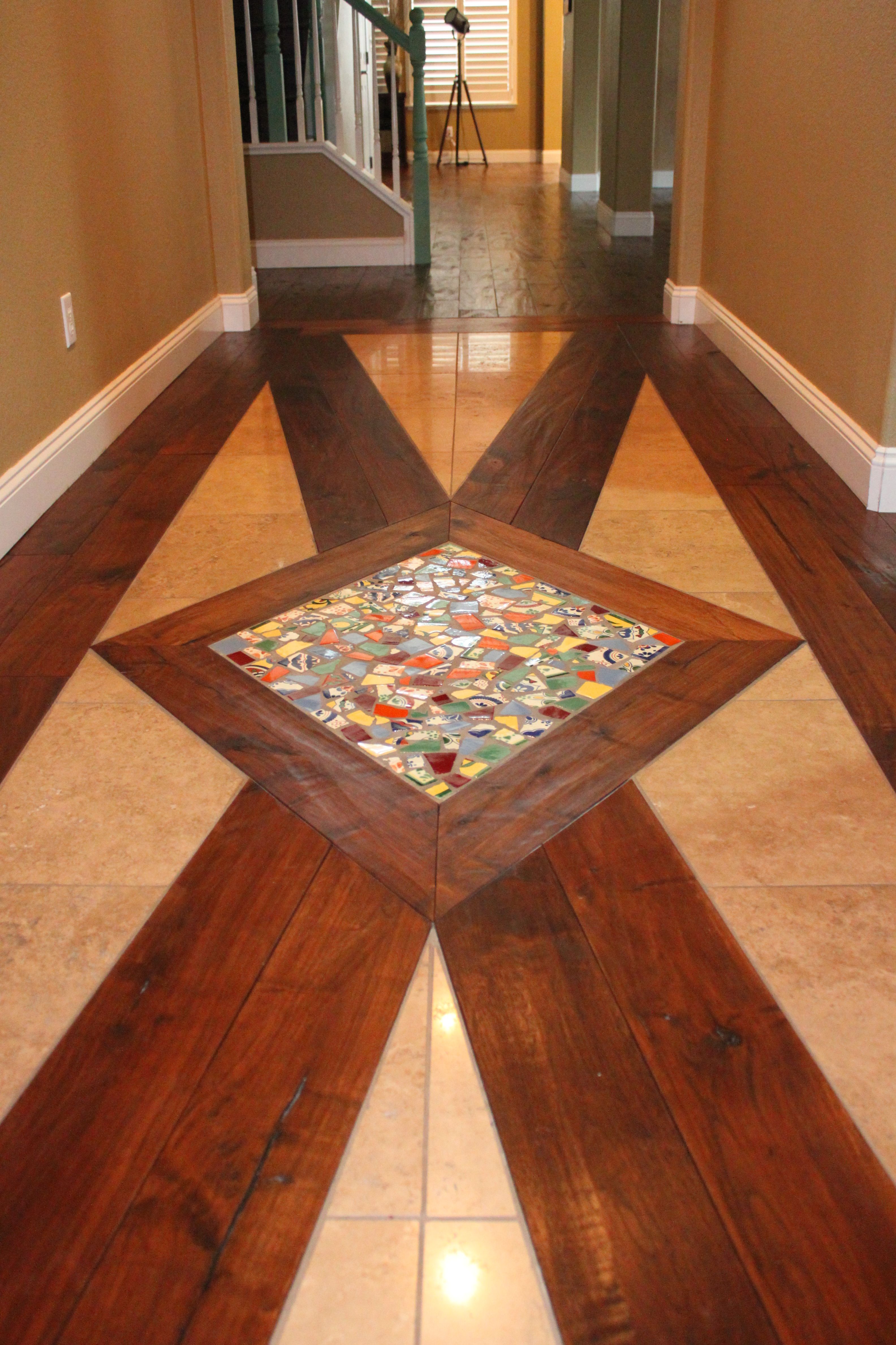 Entry floor design distressed walnut hardwood, travertine tiles