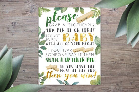 Don't Say Baby Clothespin Game, Printable Baby Shower Games, Green and ...