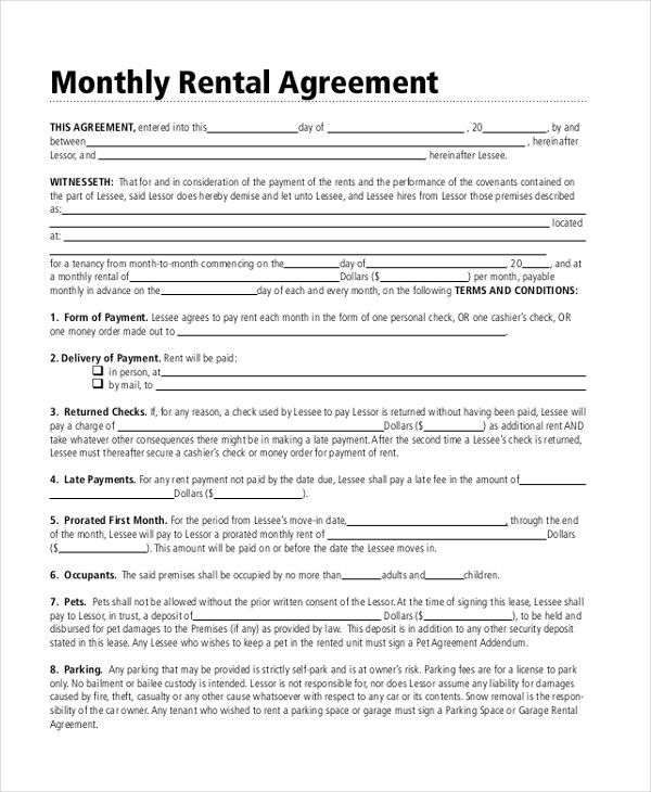 8+ Sample Month to Month Rental Agreement Forms - Sample, Example ...