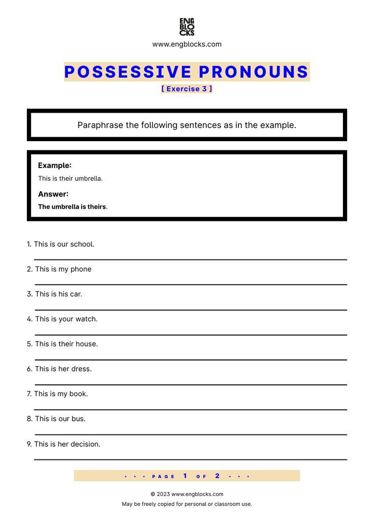 Possessive pronouns - Exercise 3 | ESL Worksheet | Pronoun worksheets ...