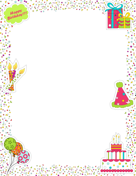 Printable page border featuring birthday graphics like candles, cake ...