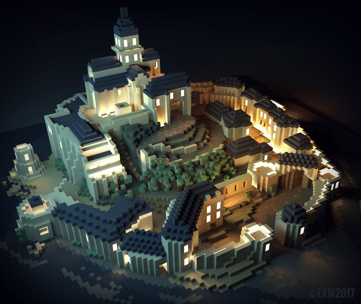 a computer generated model of a castle at night