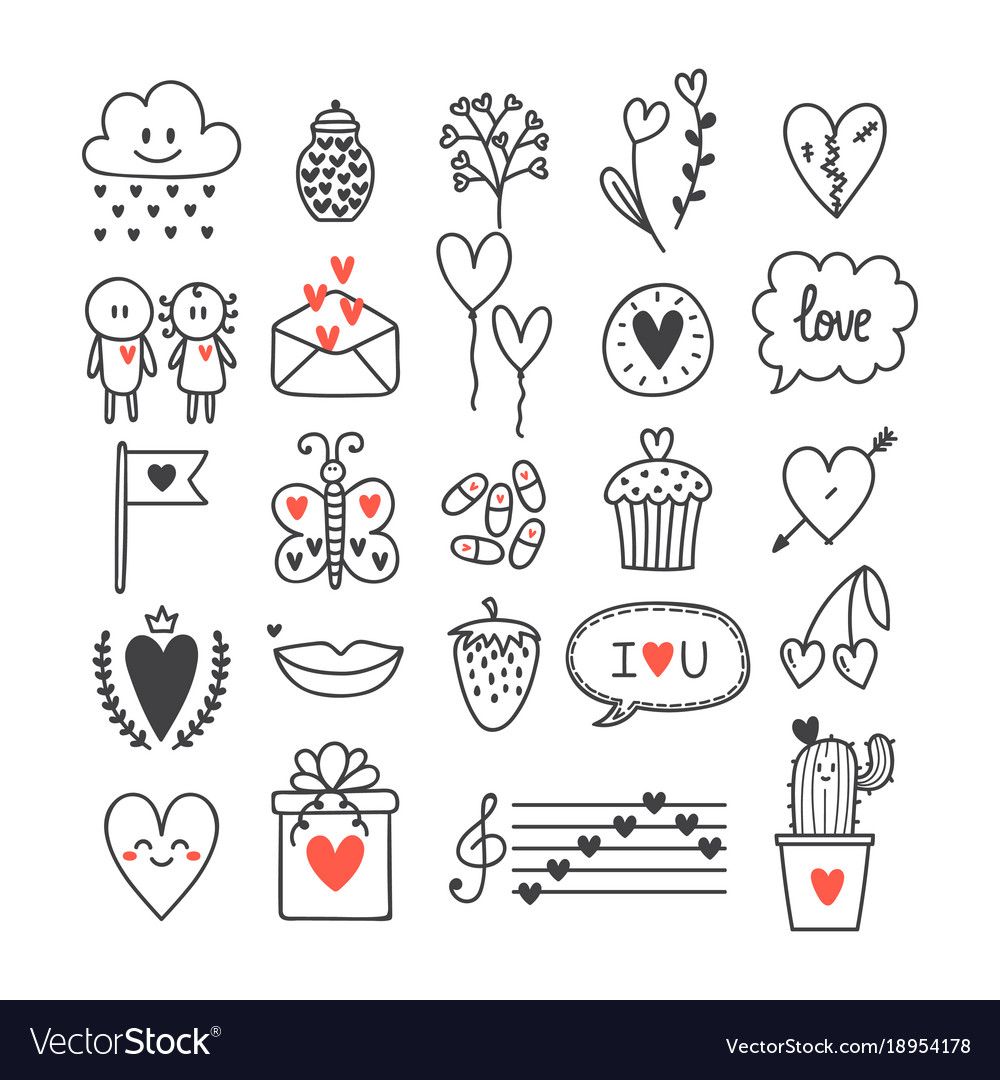 Love and hearts hand drawn set of cute doodle Vector Image Easy Pencil ...