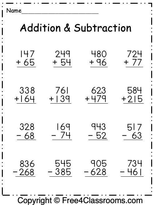 Free Addition and Subtraction Math Worksheet | Addition and subtraction ...