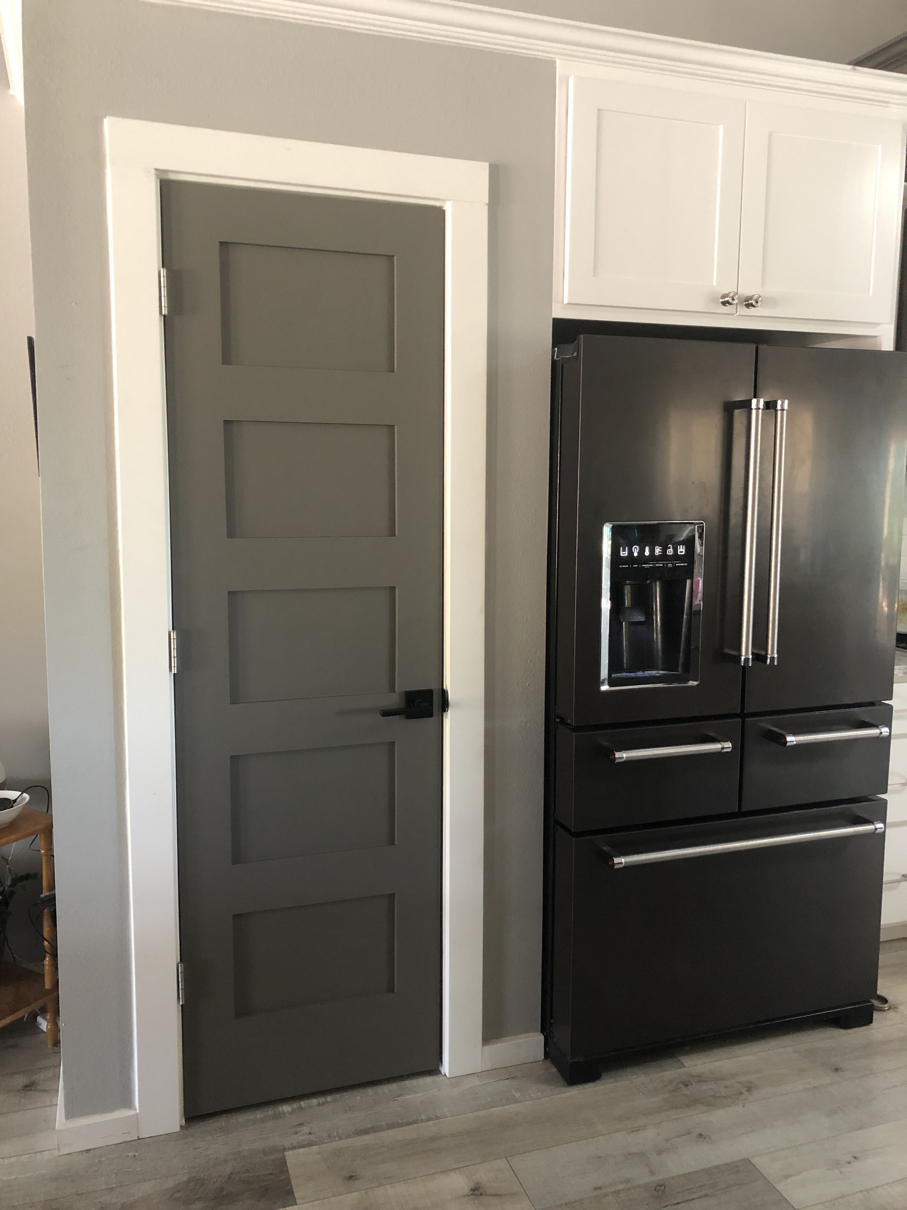 Dark Grey Farmhouse Doors Grey walls white trim, Black interior doors