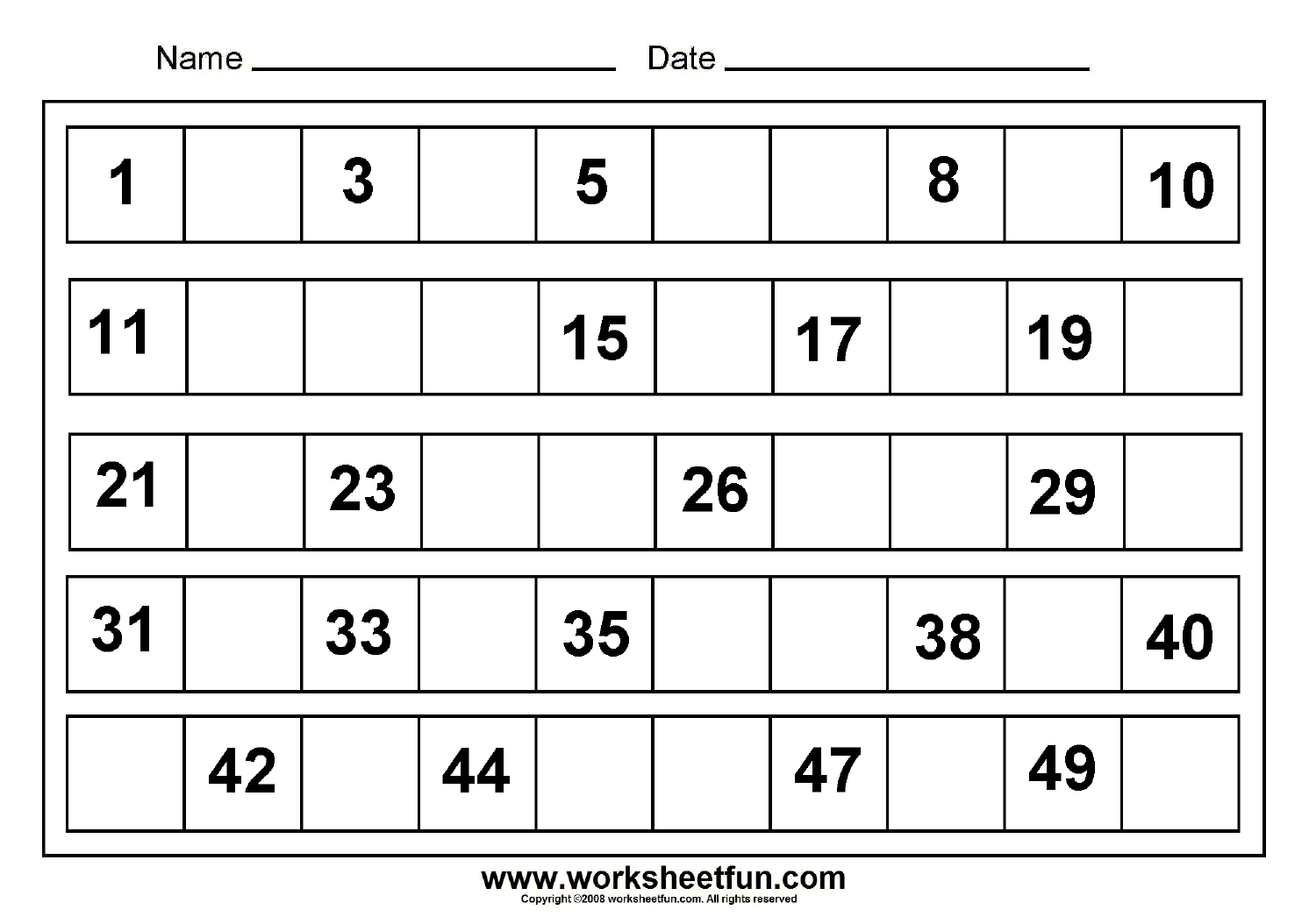 Missing Numbers - 1 to 50 - 8 Free Printable Worksheets