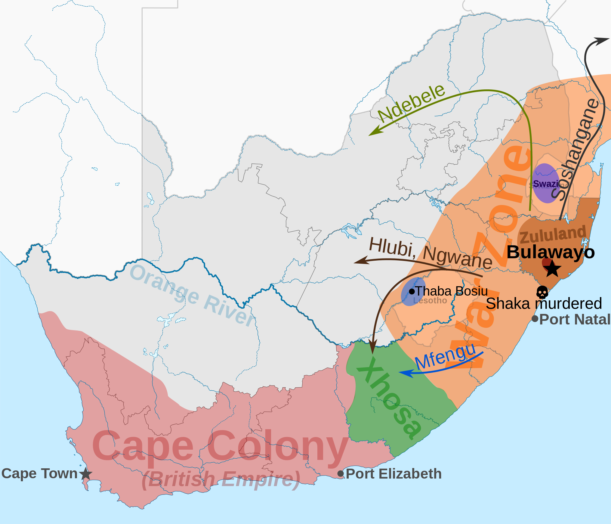 This map illustrates the rise of the Zulu Empire under Shaka (1816–1828 