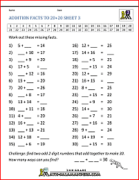 printable addition worksheets to 20 plus 20 3 | Math facts addition ...