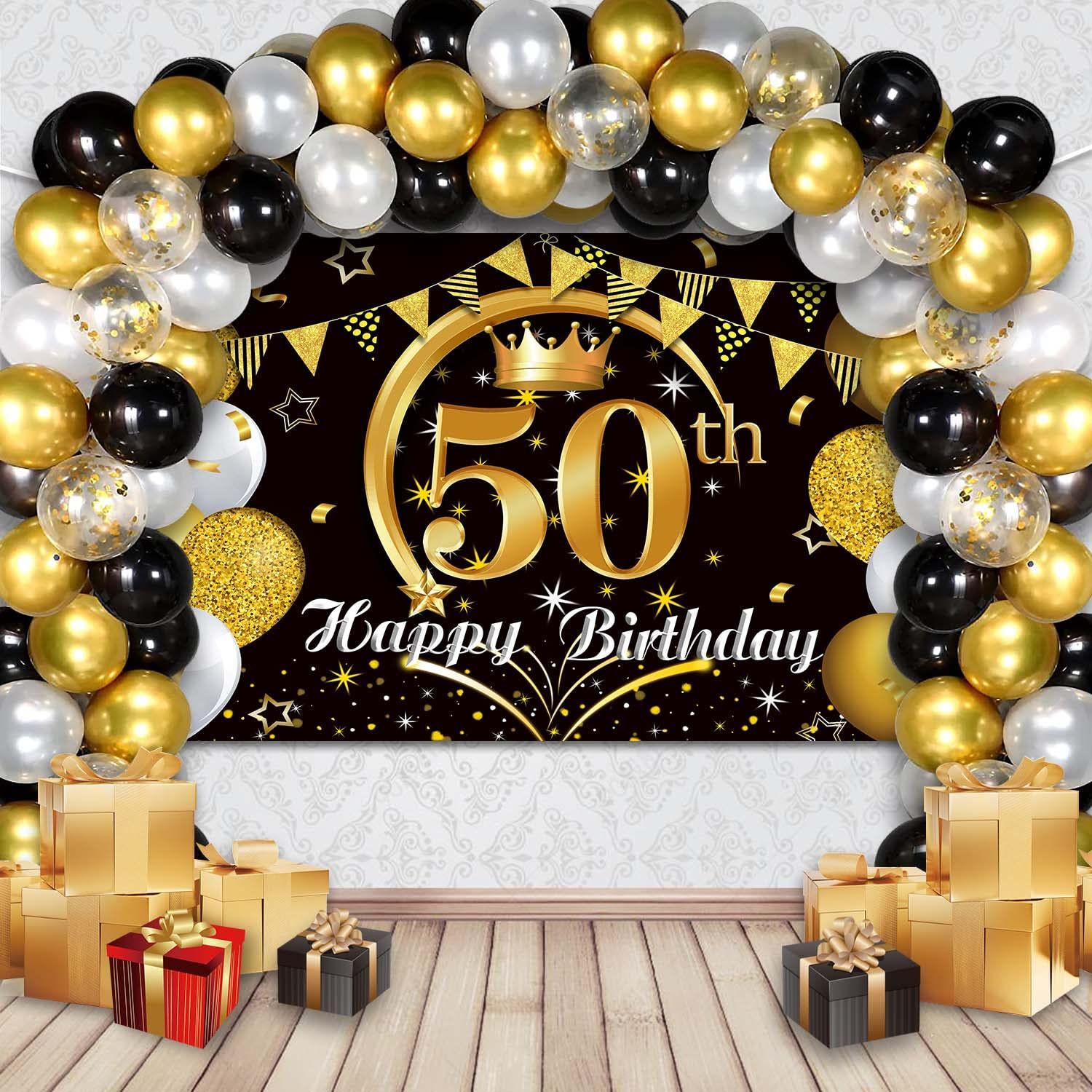 50th Birthday Party Decorations, 50th Black Gold Birthday Backdrop ...