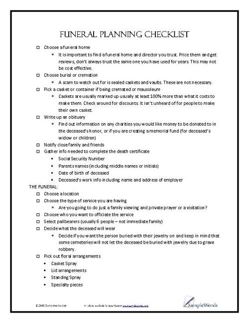 Funeral Service Planning Worksheet