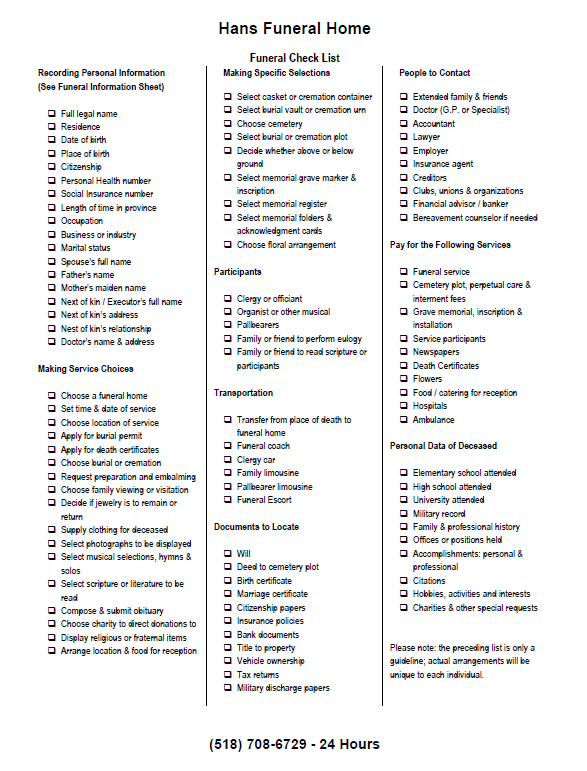 Printable Funeral Planning Checklist Pdf