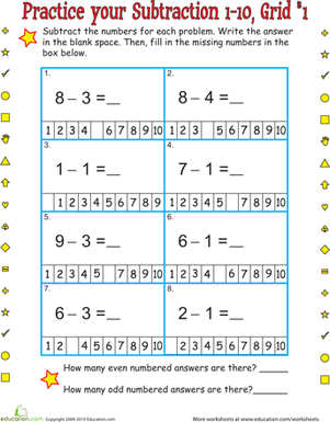 Practice One-Digit Subtraction Grid 1 | Worksheet | Education.com ...