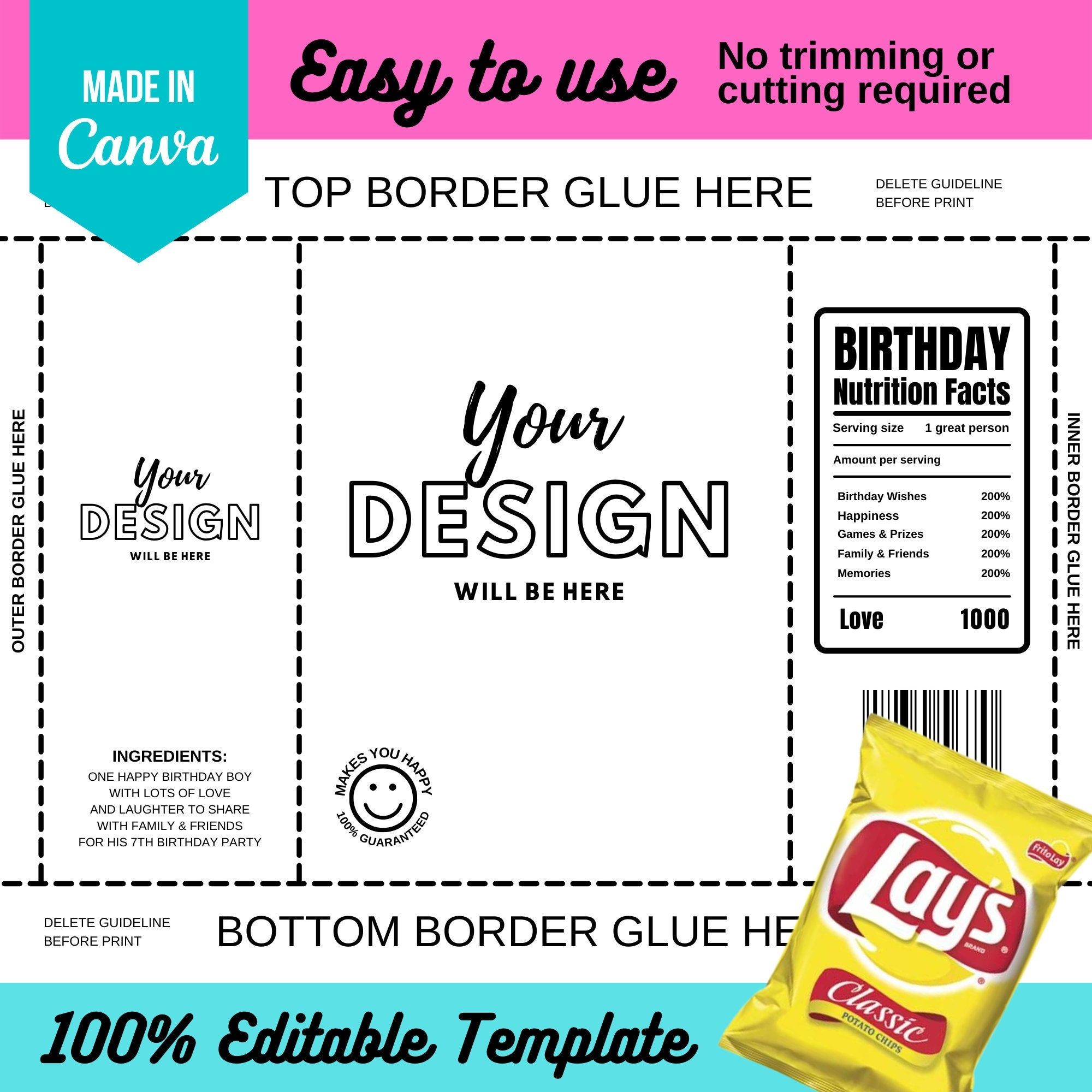 Blank Chip Bag Template Canva Editable | DIY | Birthday Nutrition Facts ...