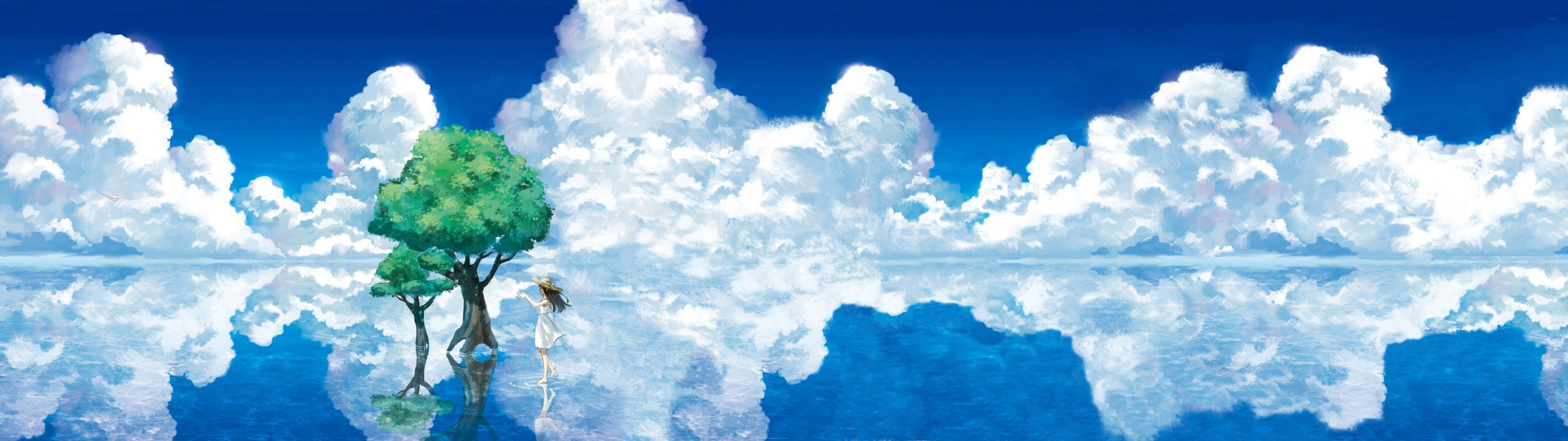 Trees Anime Reflection Anime Girls Sky Clouds Wallpaper Dual Screen Wallpaper 3840x1080 Wallpaper Anime Wallpaper