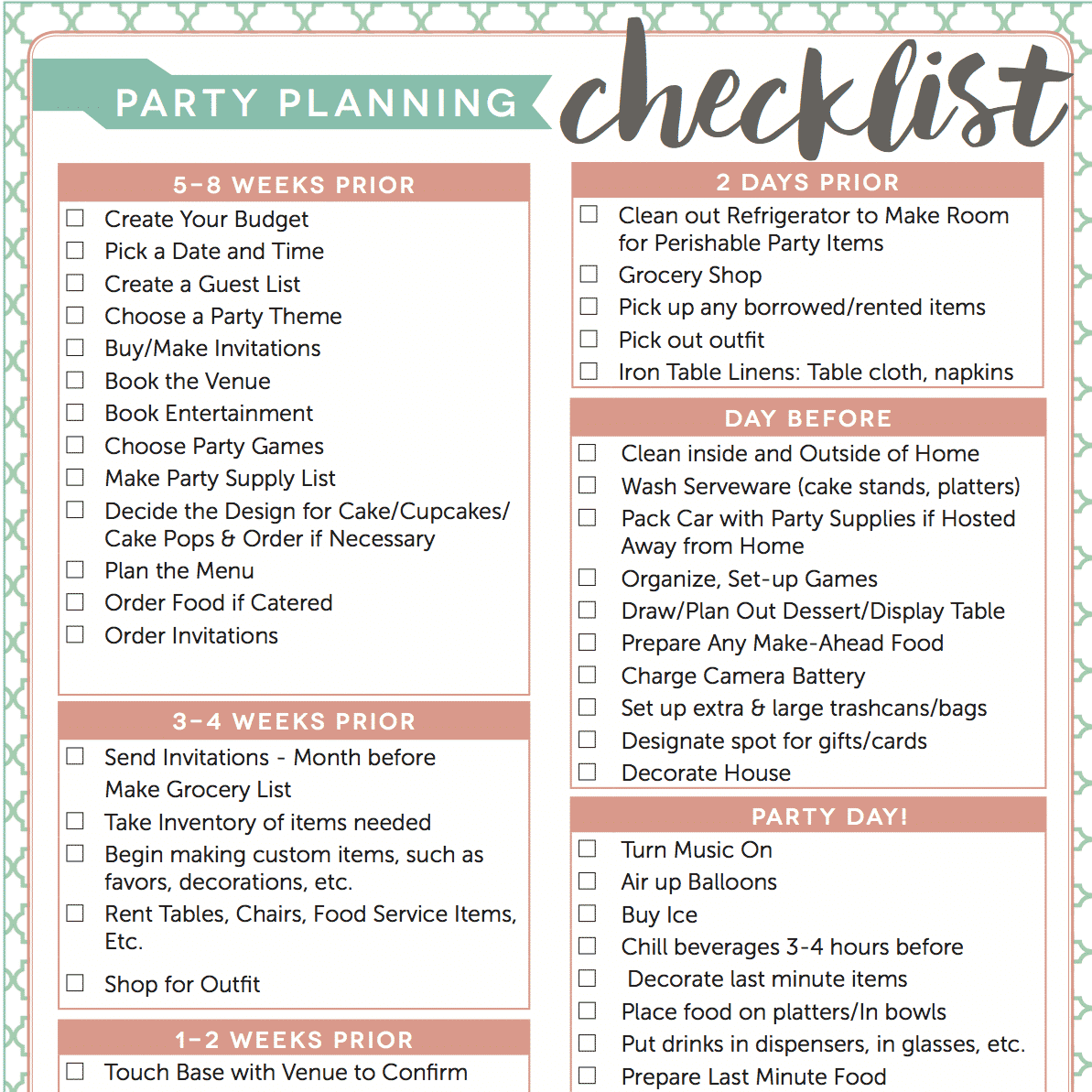 Printable Birthday Party Checklist