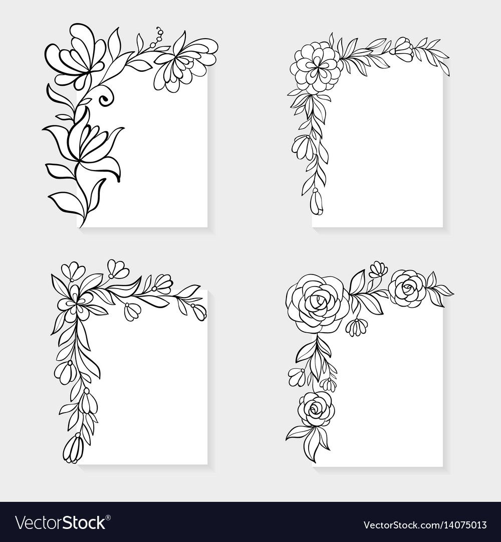 Set of black and white hand drawn corner floral borders. design ...