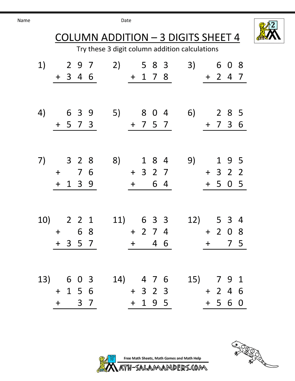 free printable addition worksheets column addition 3 digits carrying 4 ...