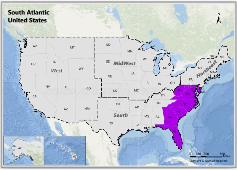 Map of South Atlantic States, United States - Check the list of USA ...