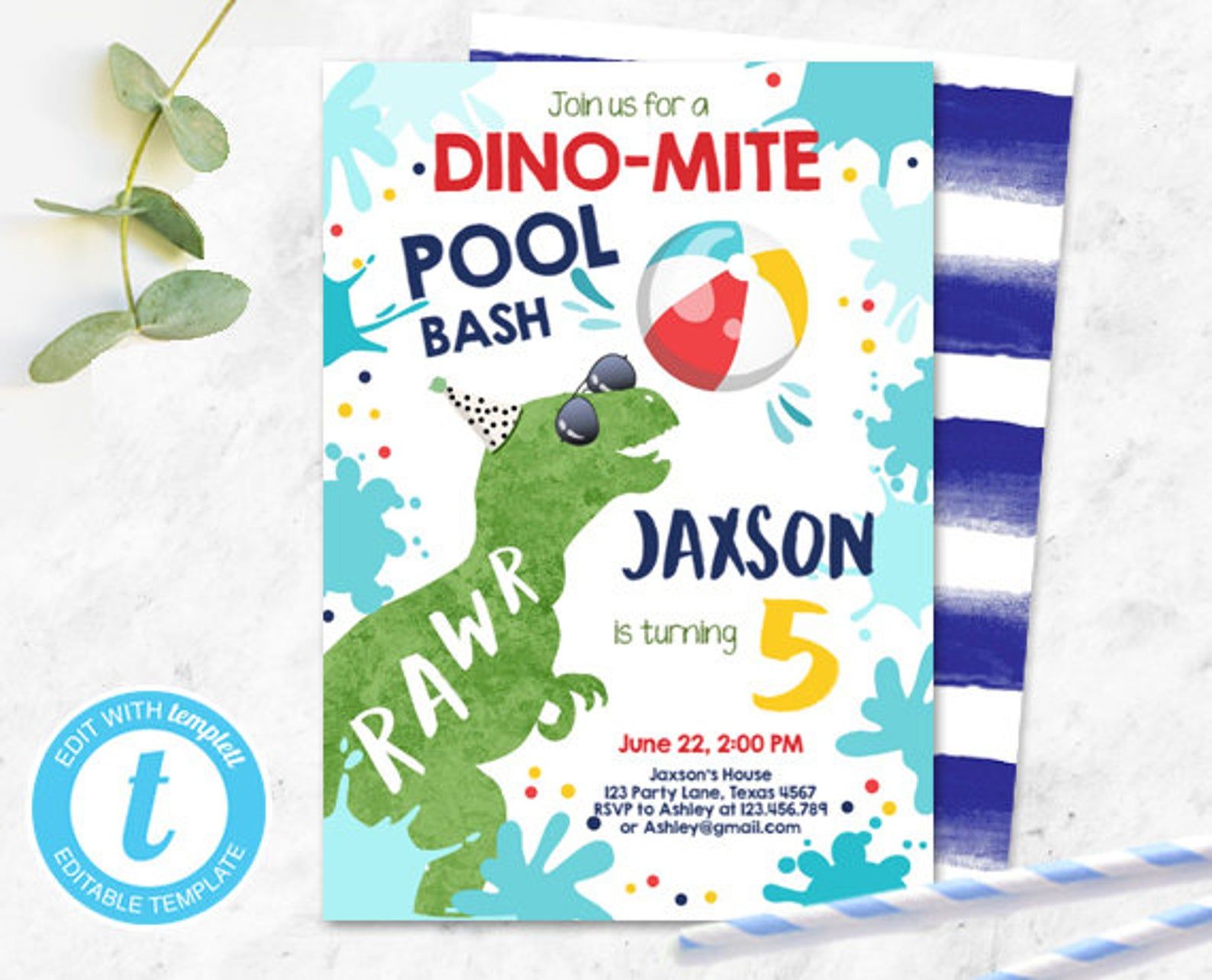 Editable Dinosaur Pool Party Birthday Invitation Dinosaur Birthday Dino ...