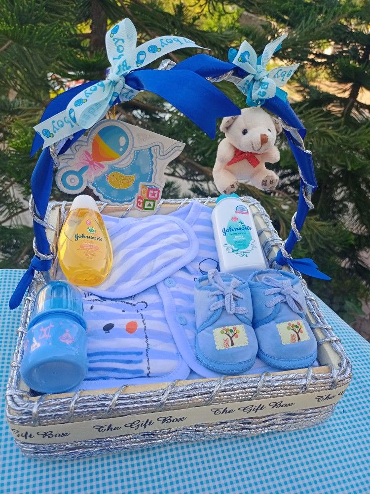 Newborn Baby Boy Gift Basket with Blue Shoes and Booties