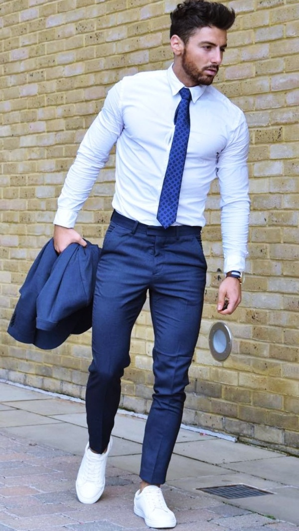 Classic Look Crisp White Shirt Navy Suit Pants And A Navy Tie