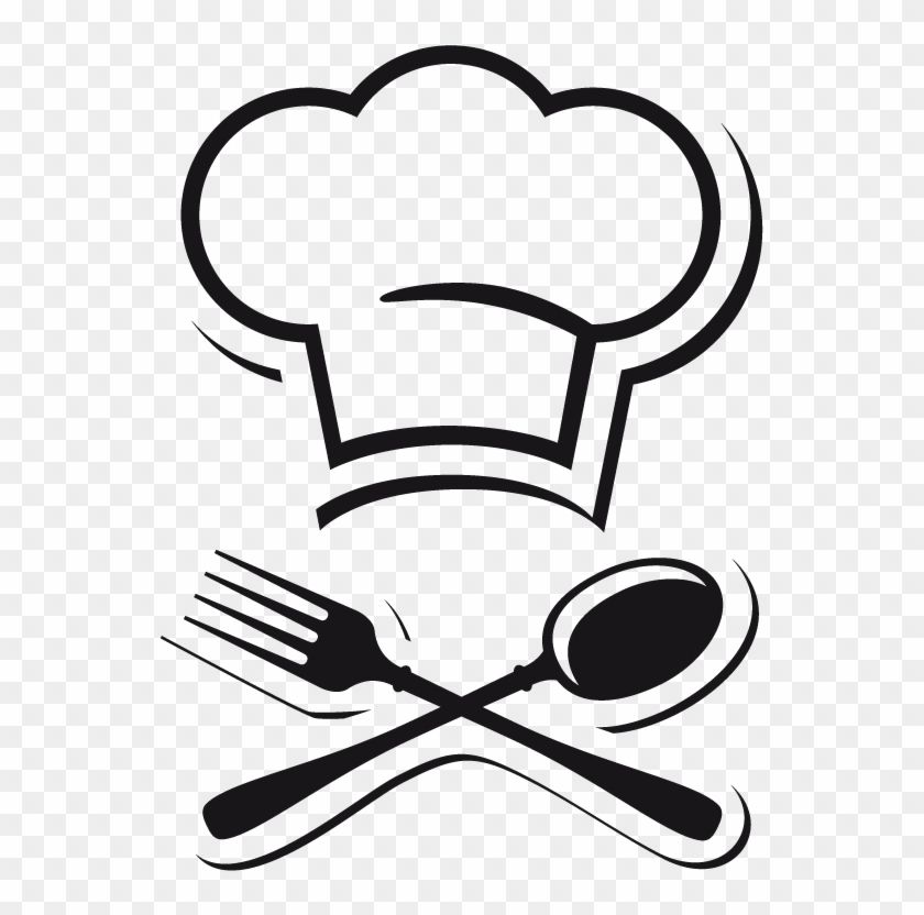 a black and white chef hat with spoons, fork and knife on a transparent ...