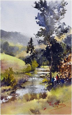 a watercolor painting of people walking on a path by a stream in the ...