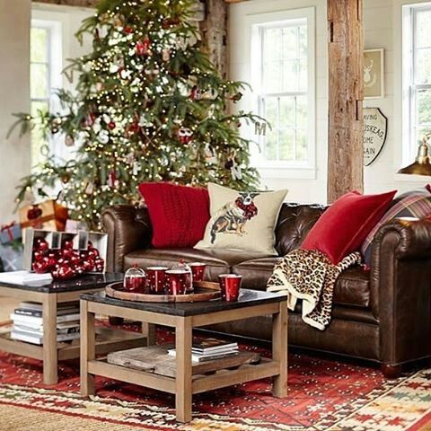 Christmas living room | Red leather couch living room, Living room red ...