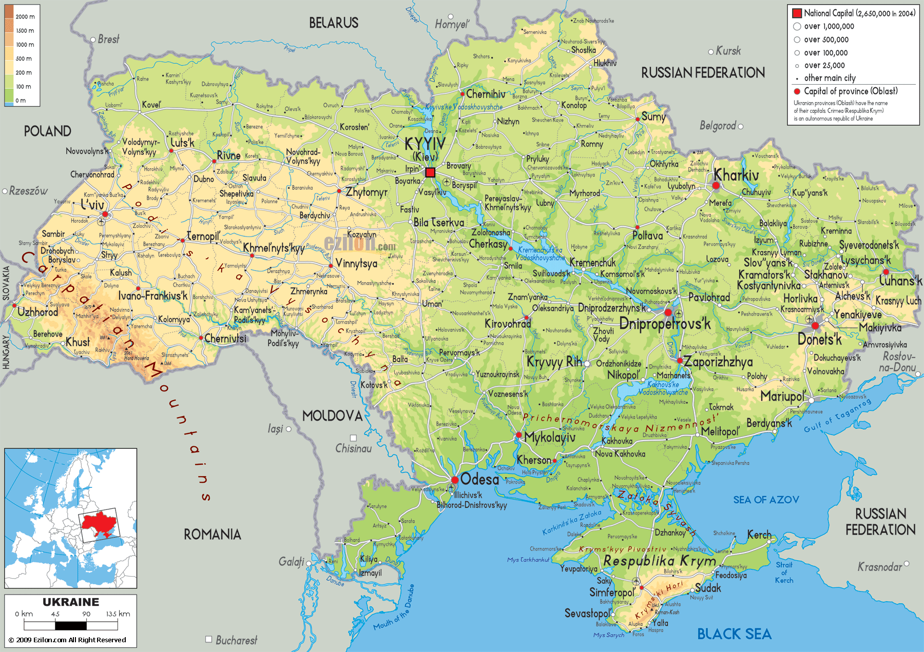 large detailed map of ukraine with all roads and major cities