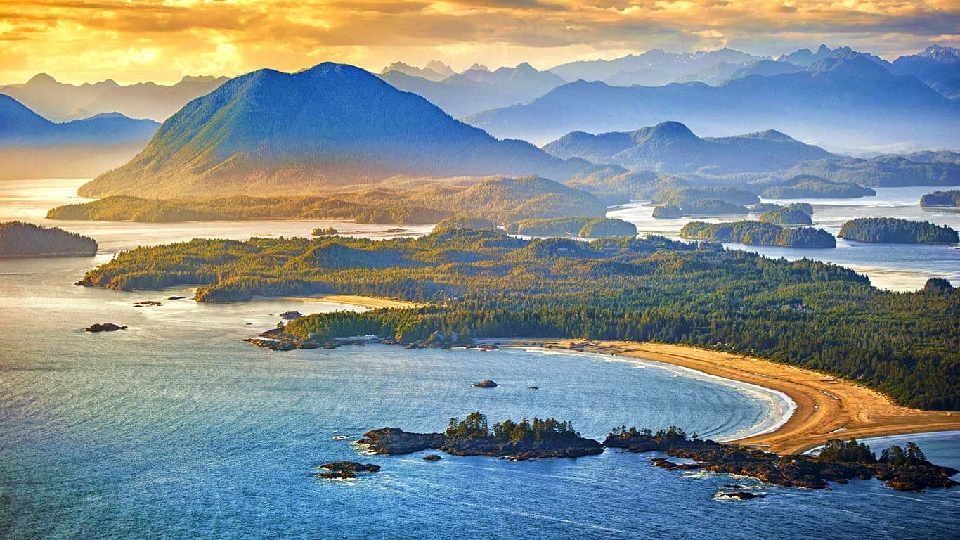 Aerial shot of Tofino with Clayoquot Sound, British Columbia, Canada ...