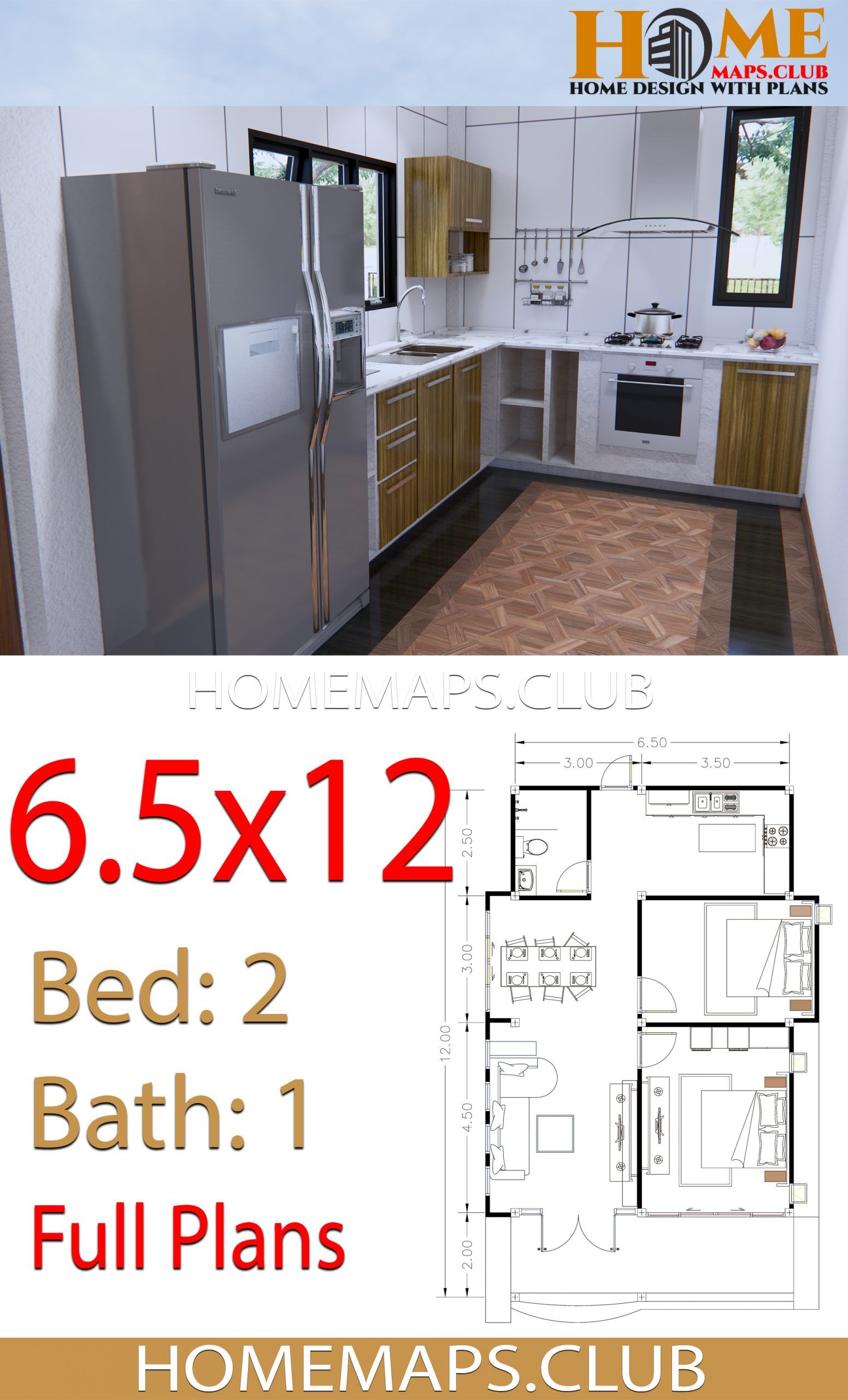 House Plans 6.5x12 with 2 Bedrooms Hip roof House