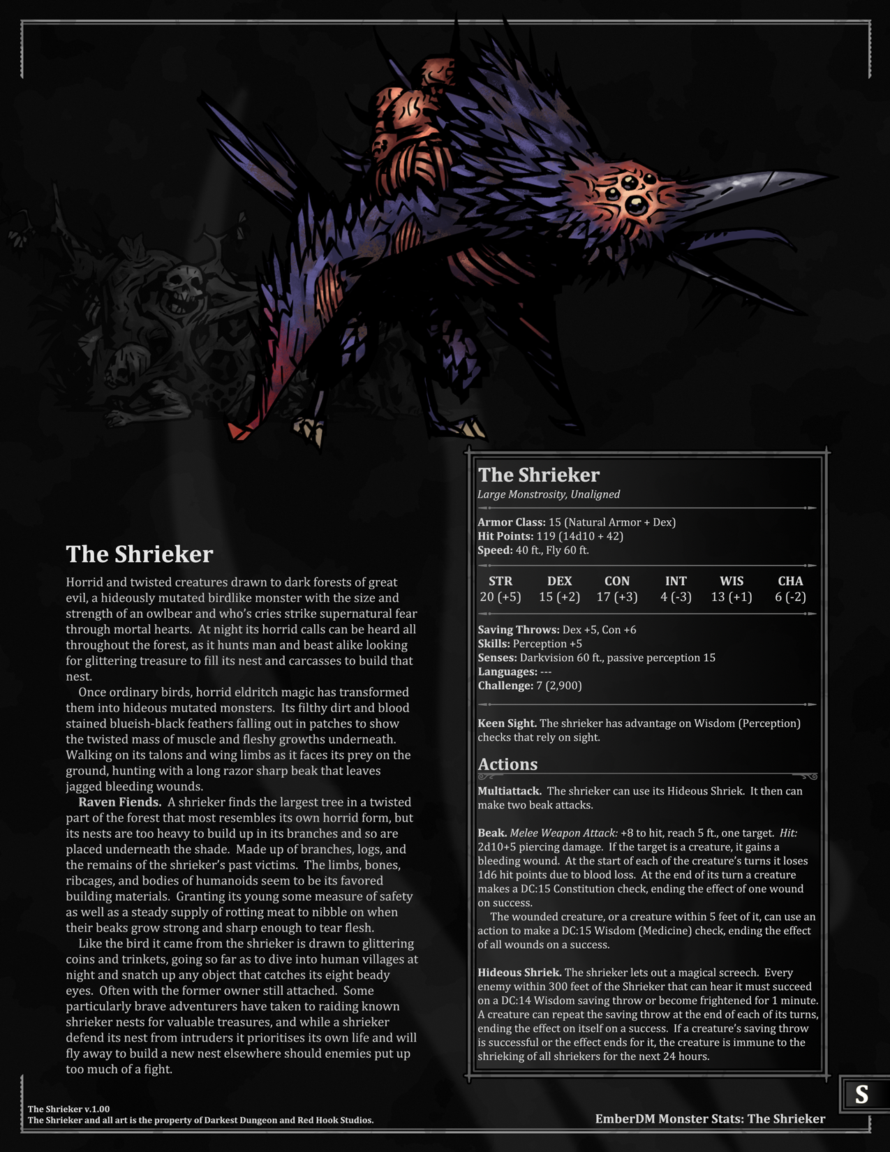 Darkest Dungeon The Shrieker V1 00 D D 5e Monster Stats Monster 2 Of The Three Darkest Darkest Dungeon Dungeons And Dragons Homebrew D D Dungeons And Dragons