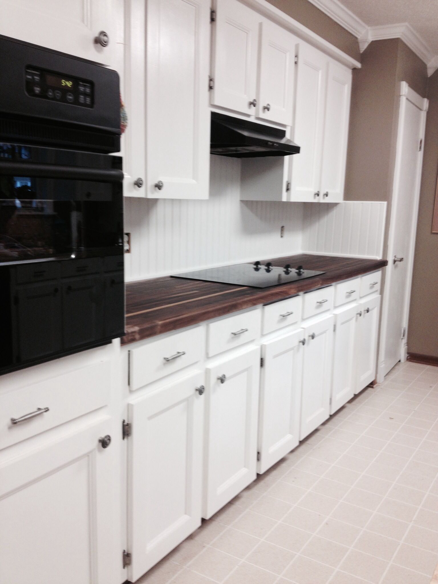 New walnut butcher block countertop and bead board back splash Walnut