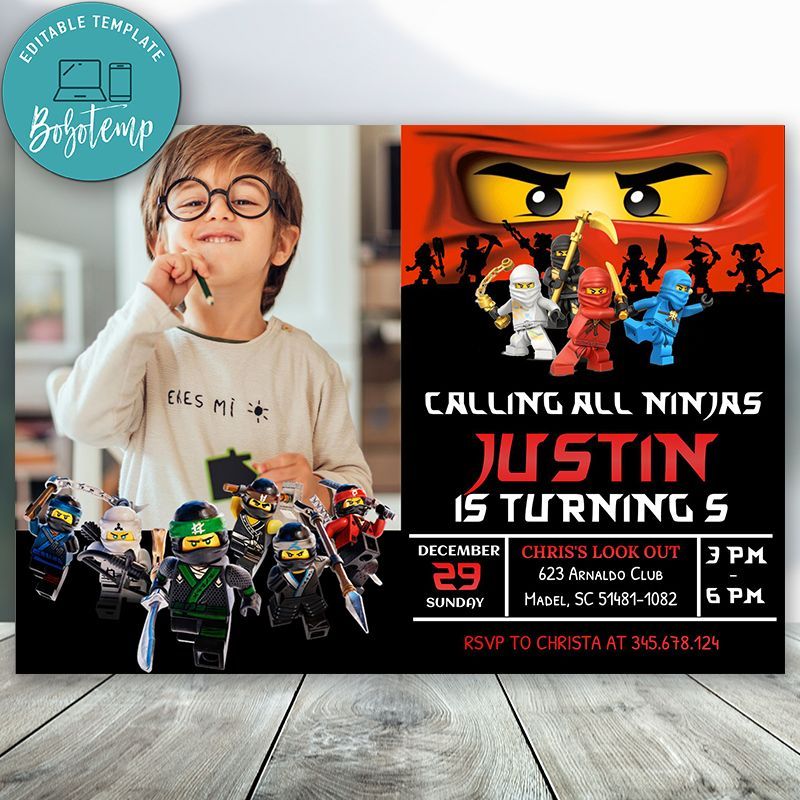 Editable Calling All Ninjas Lego Ninjago Invitations With Photo Instant ...