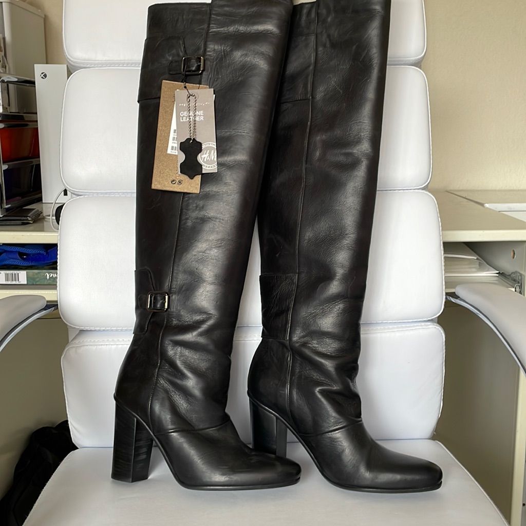 H&M Genuine leather over the knee boots, black, size 6 | Over the knee ...