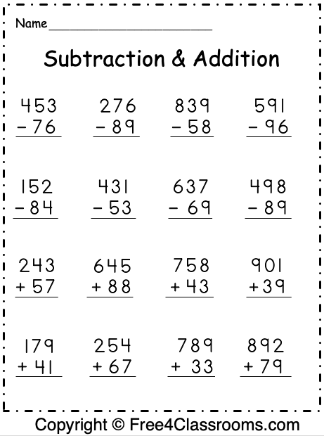 Addition And Subtraction Worksheet 2 Digit