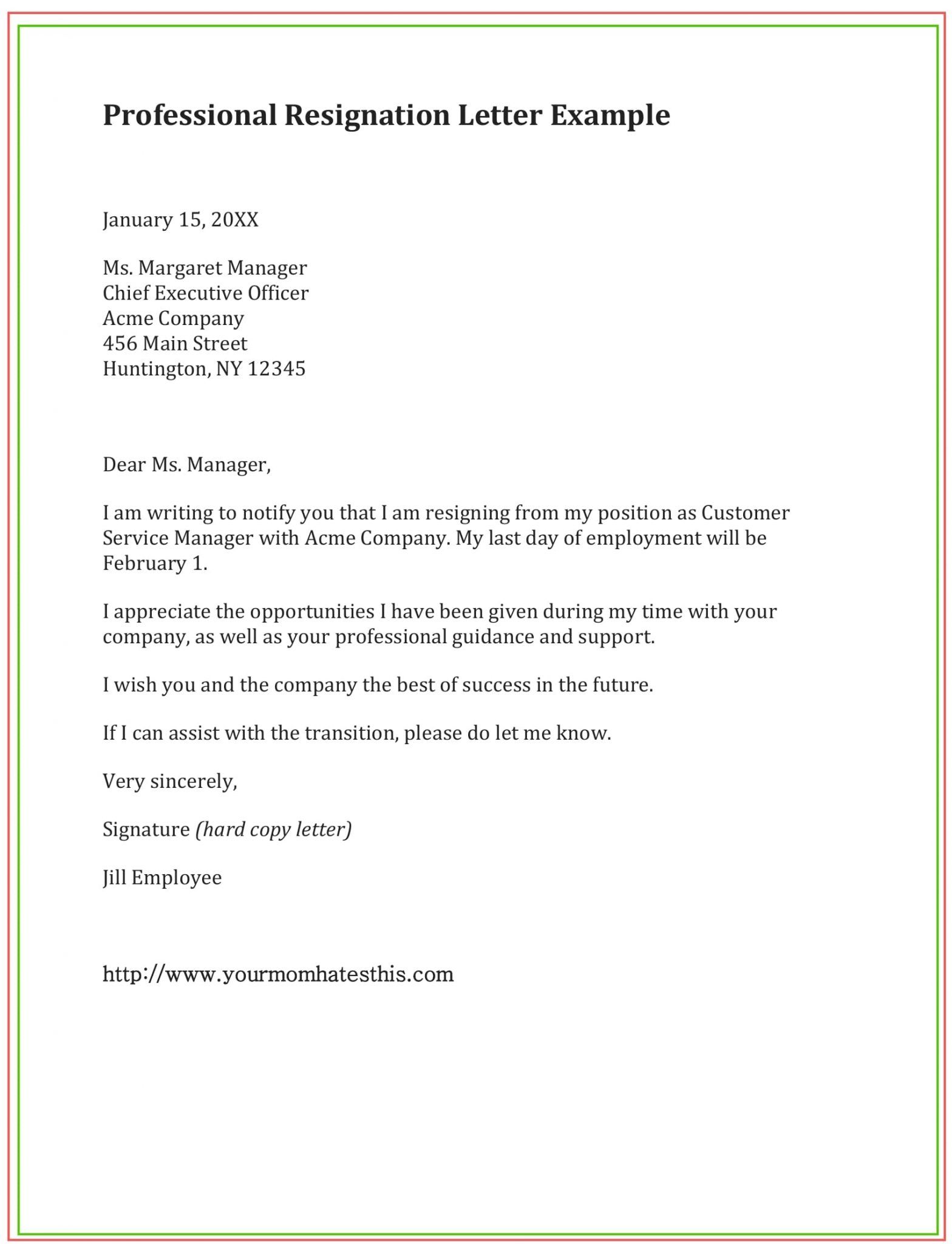 Hotel Employee Resignation Letter - Sample Resignation Letter