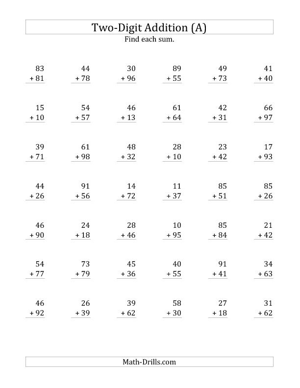 2-Digit Addition with Some Regrouping (A) Addition Worksheet | Addition ...