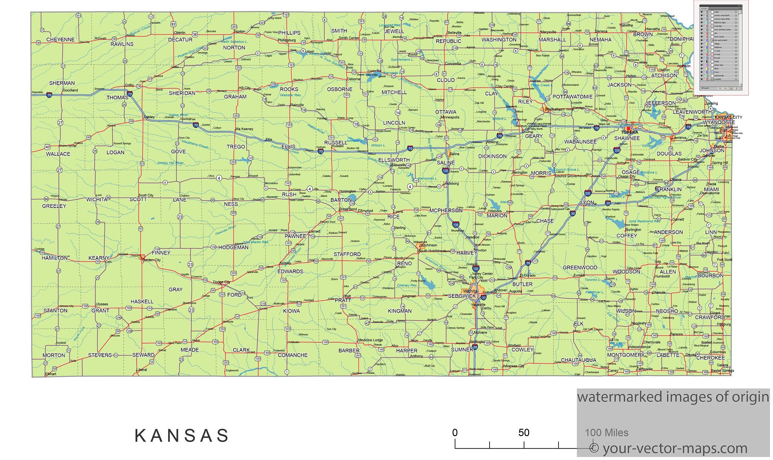 Kansas state route network map. Kansas highways map. Cities of Kansas ...