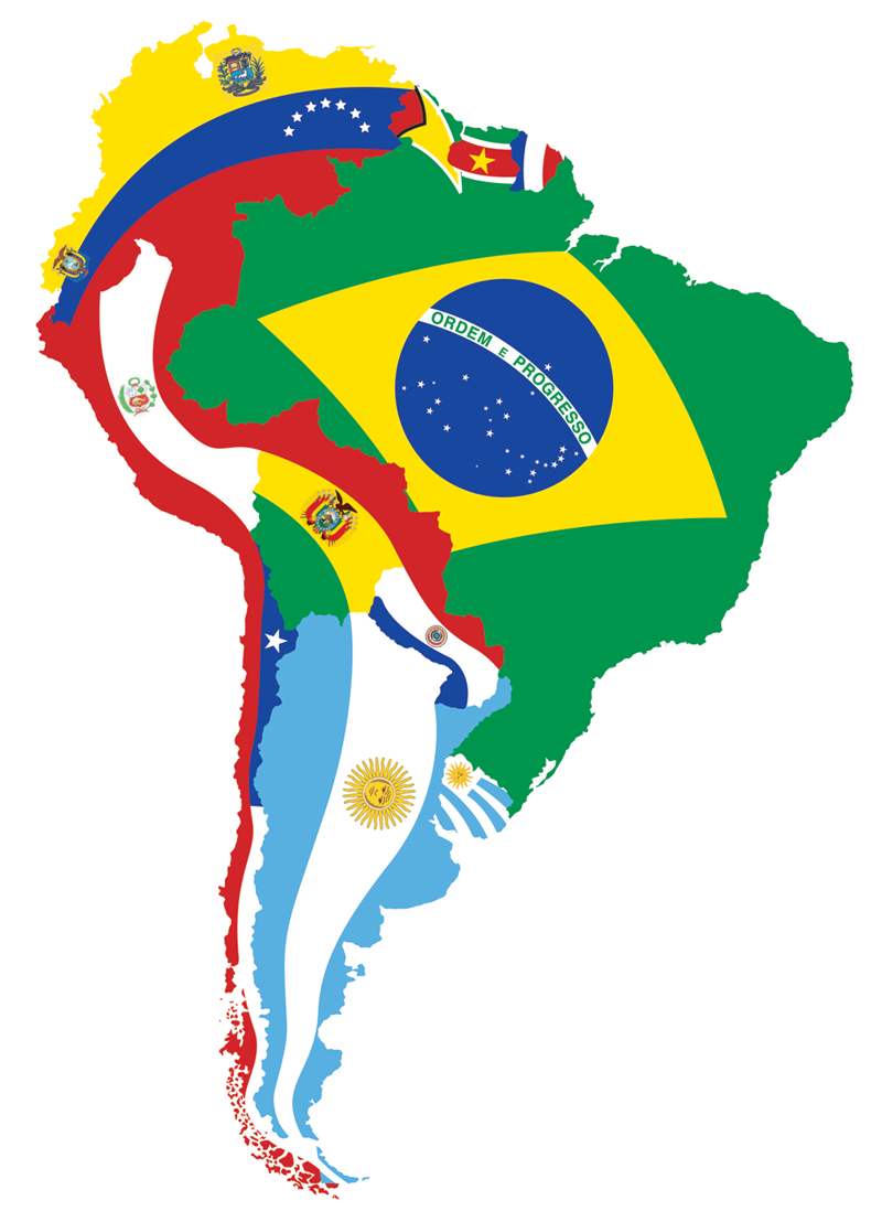 This map shows the flags of South America laid out on a map of the ...