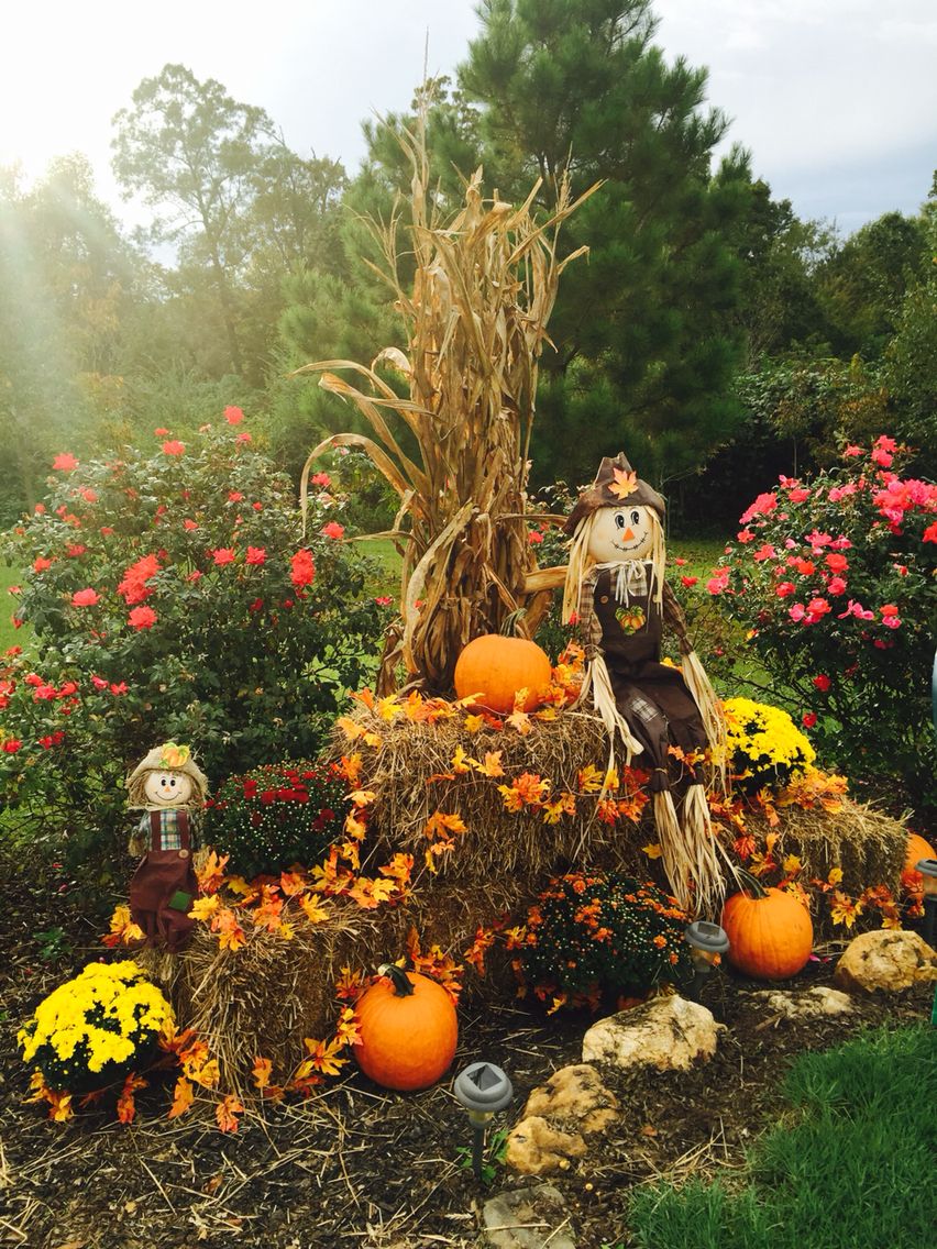 Fall display at driveway entrance with mums, pumpkins, corn stalks, hay ...