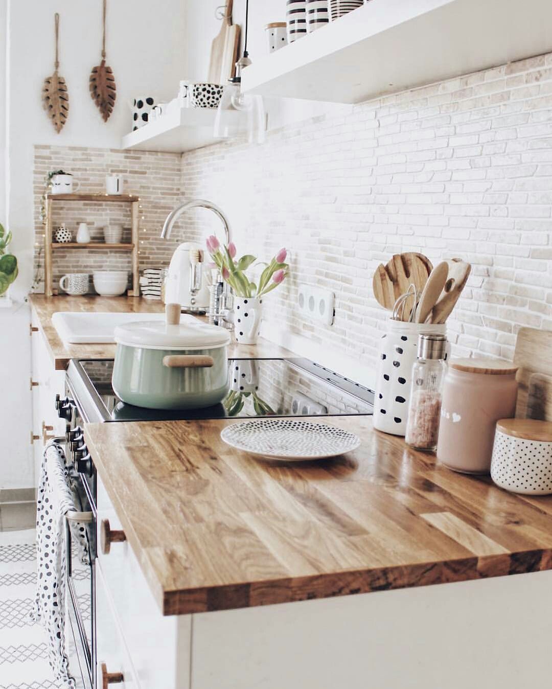 White brick backsplash butcher block counter tops for small modern