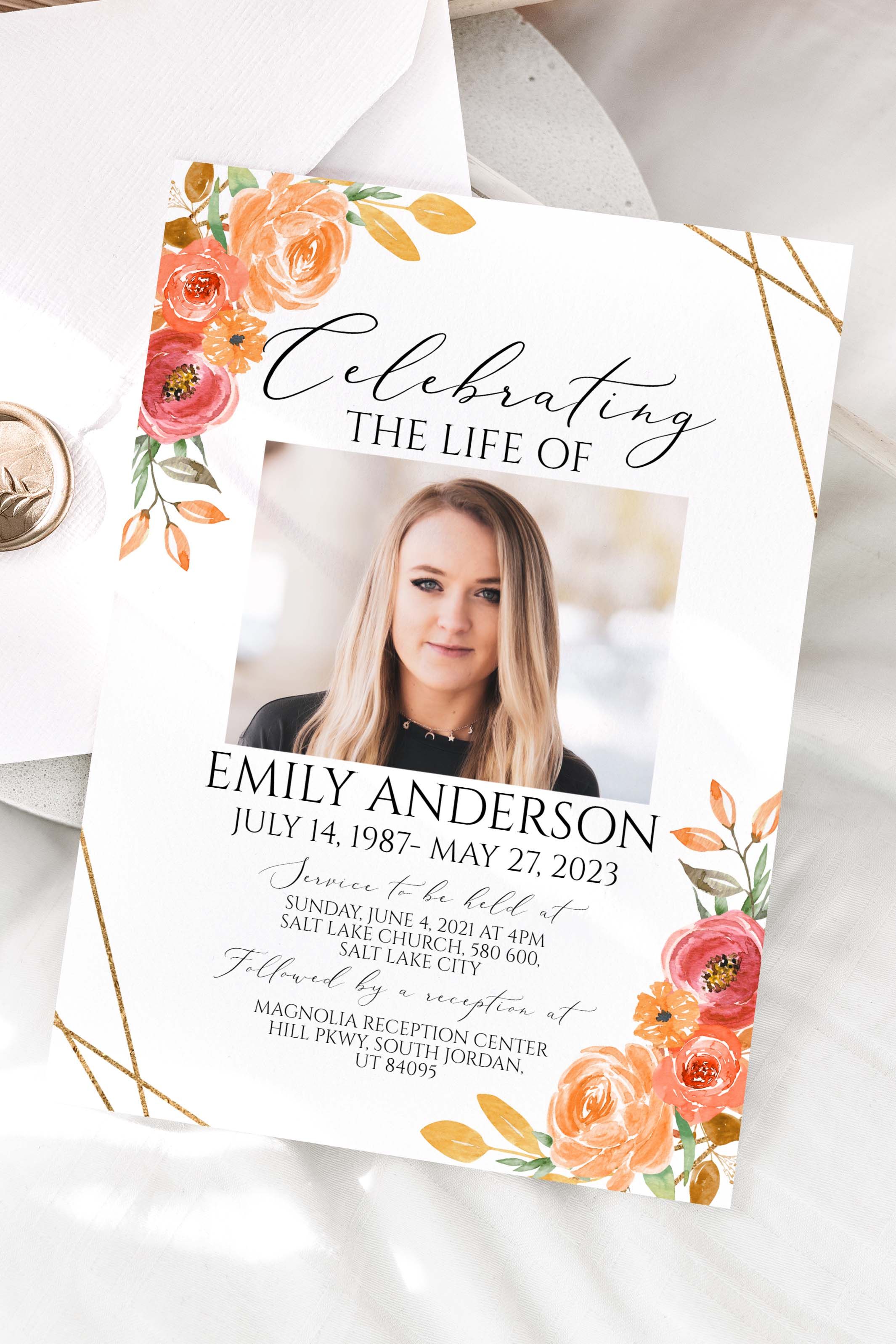 Orange Celebration of life Funeral Invitation Autumn Funeral ...