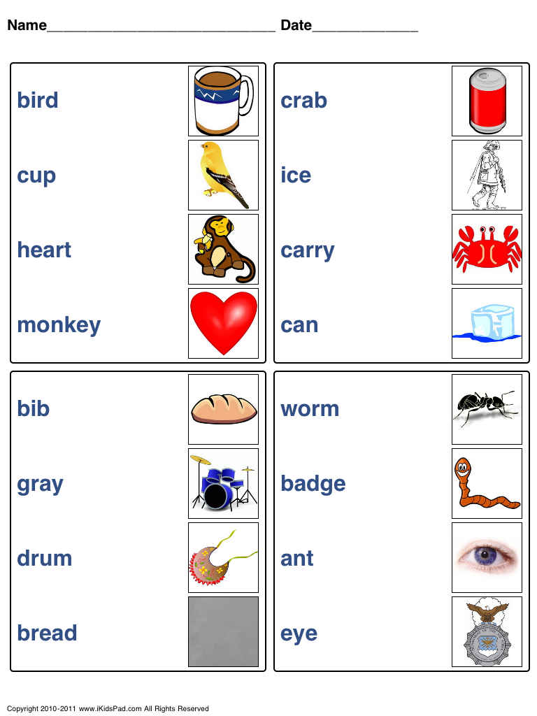 Matching Words To Pictures Worksheets