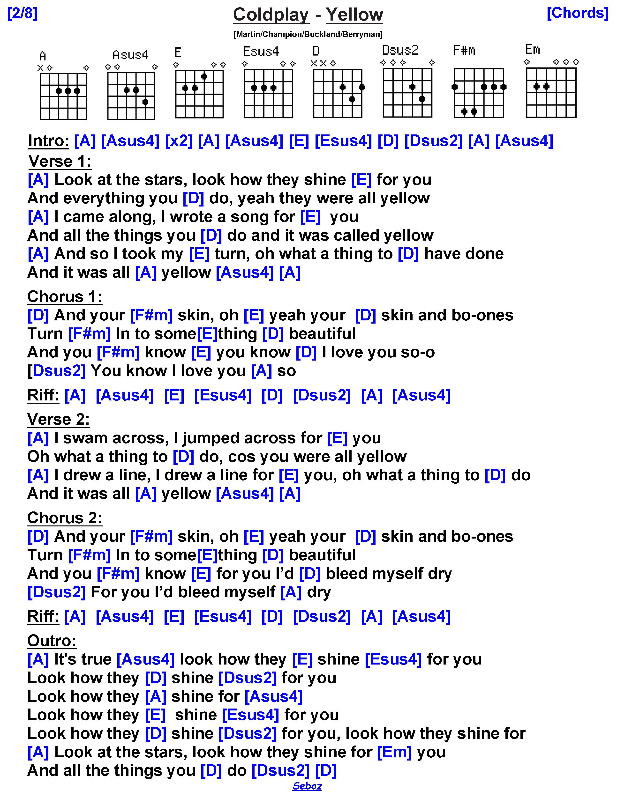 Coldplay - Yellow | Guitar chords for songs, Guitar chords and lyrics, Guitar songs